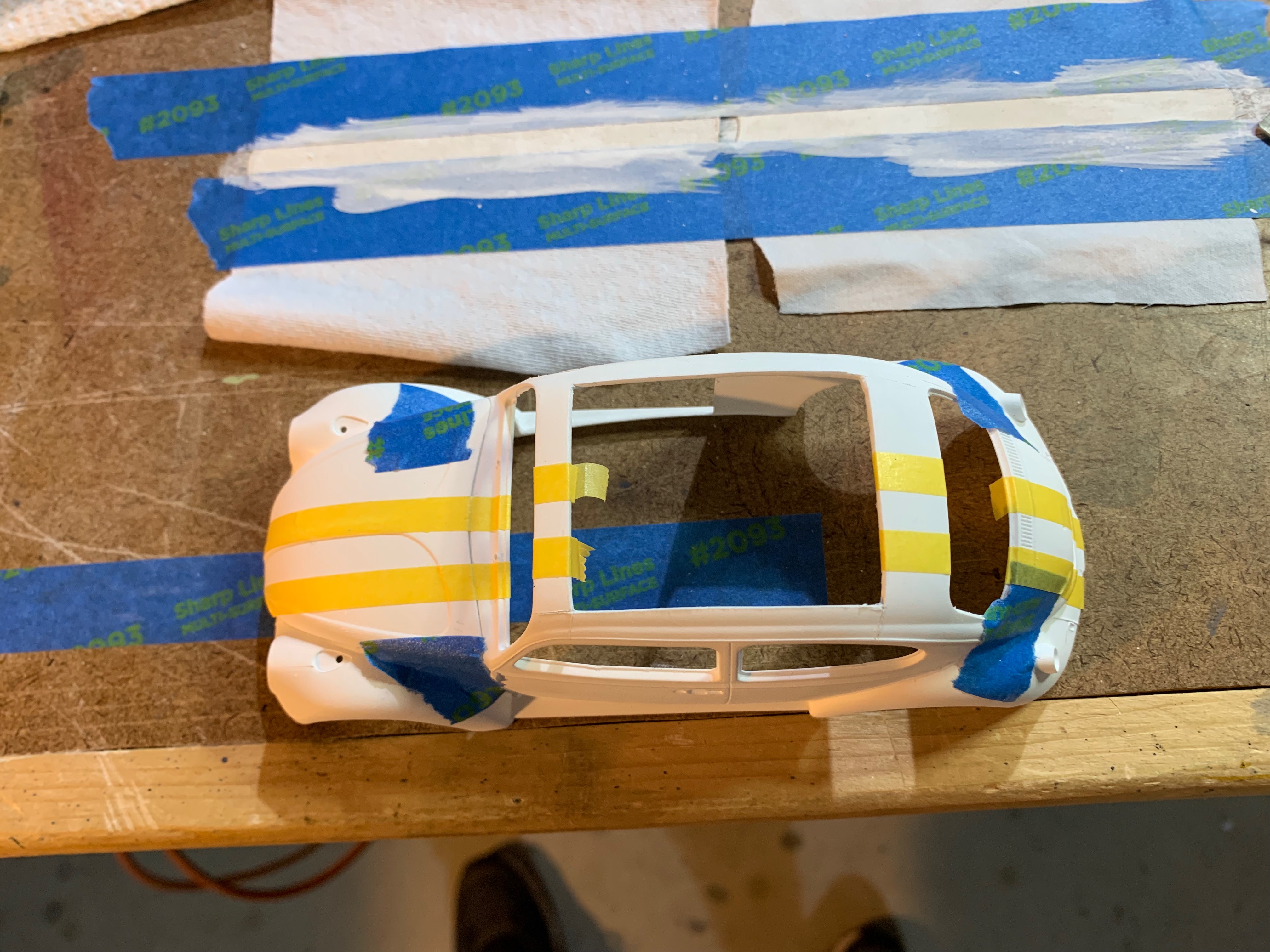Herbie takes shape with the roof opened and racing stripes in place